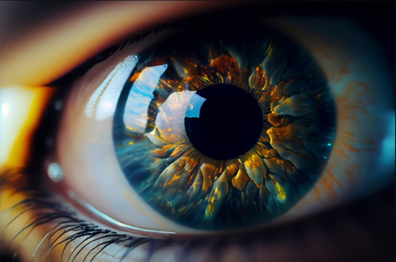 1. Nahaufnahme eines blauen Auges mit reflektierenden Details und intensiver Farbvielfalt.